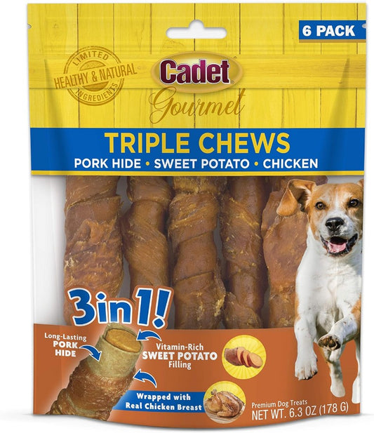 72 count (12 x 6 ct) Cadet Gourmet Pork Hide Triple Chews with Chicken and Sweet Potato