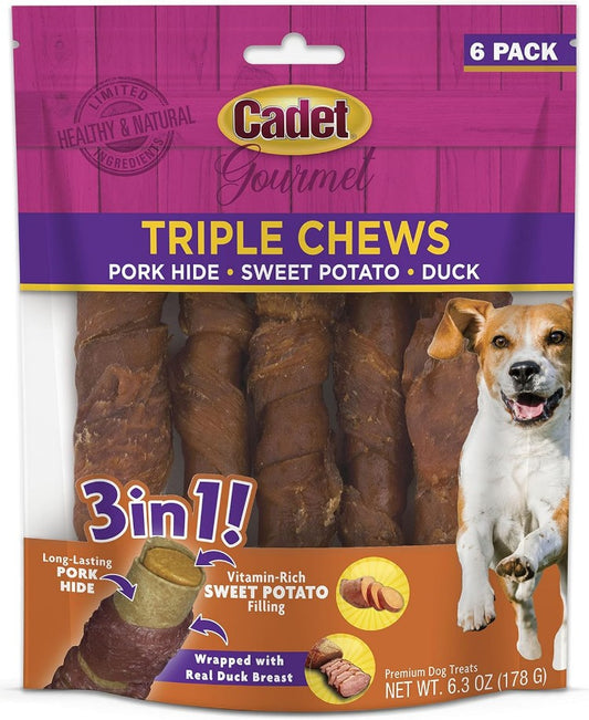 72 count (12 x 6 ct) Cadet Gourmet Pork Hide Triple Chews with Duck and Sweet Potato