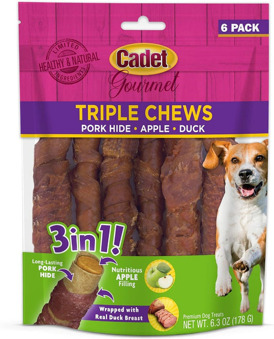 54 count (9 x 6 ct) Cadet Gourmet Pork Hide Triple Chews with Duck and Apple