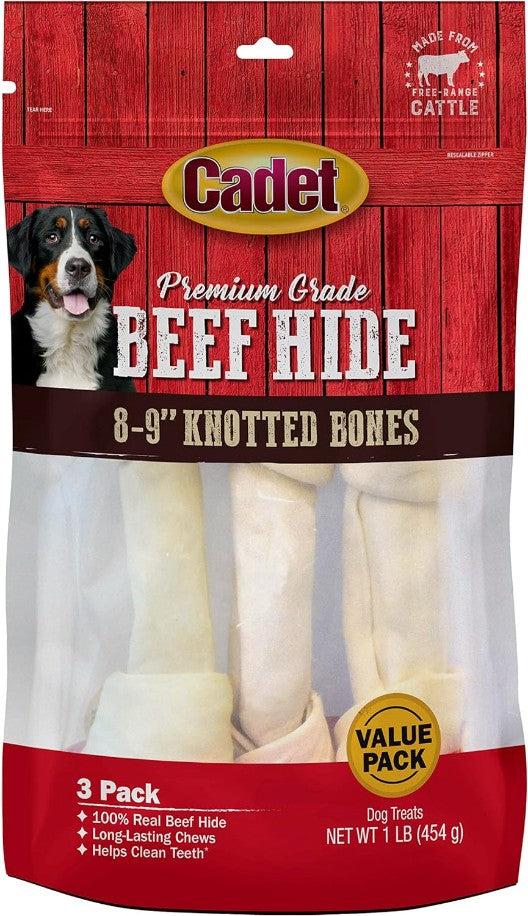 9 count (3 x 3 ct) Cadet Premium Grade Beef Hide Knotted Bones 8 Inch