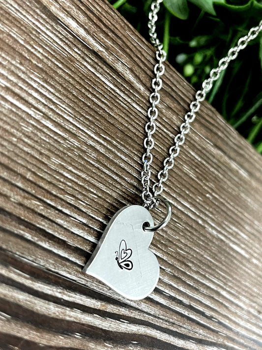 Butterfly Heart Hand Stamped Necklace