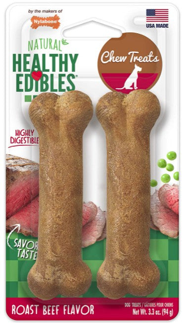 8 count (4 x 2 ct) Nylabone Natural Healthy Edibles Chew Dog Treats Roast Beef Regular