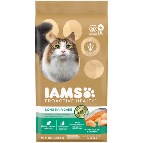 IAMS ProActive Health Adult Long Hair Dry Cat Food Chicken  Salmon 3 lb