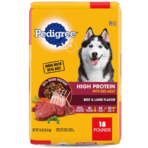 Pedigree High Protein Adult Dry Dog Food w/Red Meat Beef  Lamb, 1ea/18 lb
