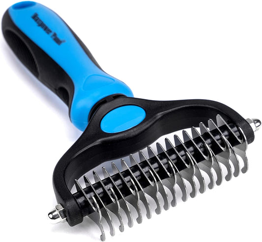 Pet Grooming Brush - Double Sided Shedding and Dematting Undercoat Rake Comb for Dogs and Cats,Extra Wide, Blue, Dog Grooming Brush, Dog Shedding Brush