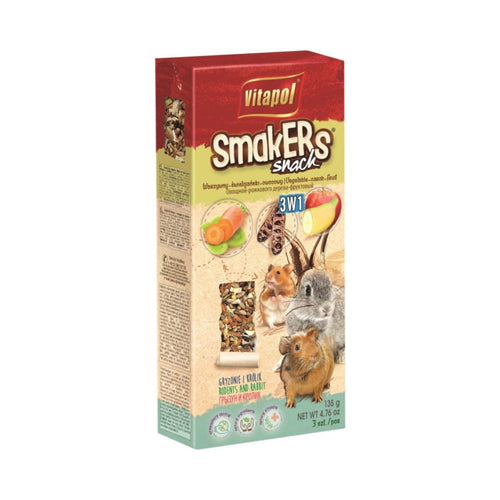 A & E Cages Smakers Rabbit & Rodent Triple Pack Treat Stick
Veggie/Carob/Fruit, 1ea/3 pk