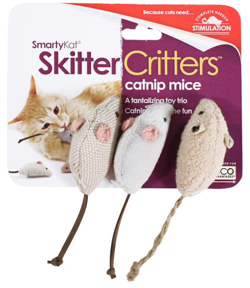 SmartyKat Skitter Critters Mice Catnip Toy Grey; Tan 3 Pack