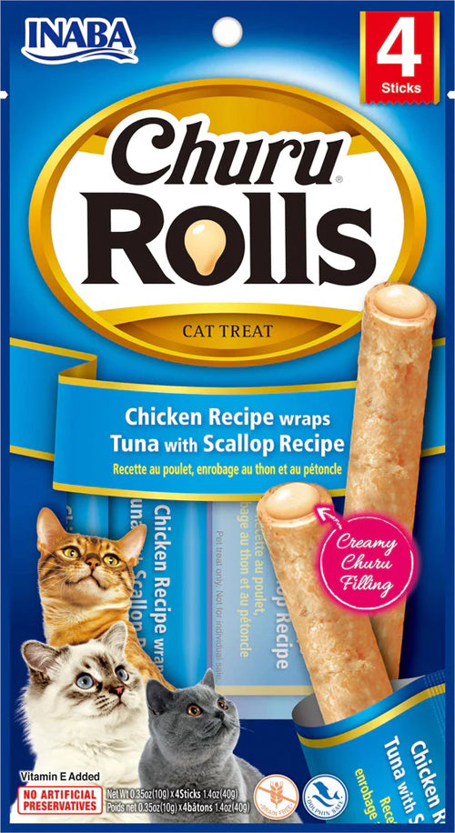 Inaba Cat Churu Rolls Chkn Wrap Tuna Scallop 6Ct-1.04Oz