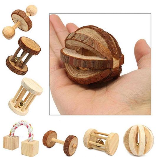 Cute Natural Wooden Rabbits Toys Pine Dumbells Unicycle Bell Roller - Super-Petmart