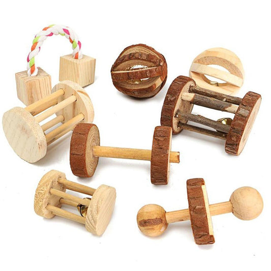 Cute Natural Wooden Rabbits Toys Pine Dumbells Unicycle Bell Roller - Super-Petmart