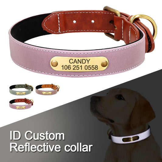 Dog Collar Personalized Engraved Dog Nameplate Collar Leather Padded Pet Puppy ID Collars Reflective For Small Medium Large Dogs - Super-Petmart