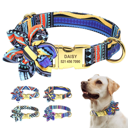 Personalized Dog Collar Nylon Pet ID Collars With Customized Tag Buckle Flower Accessories For Small Medium Large Dogs Bulldog - Super-Petmart