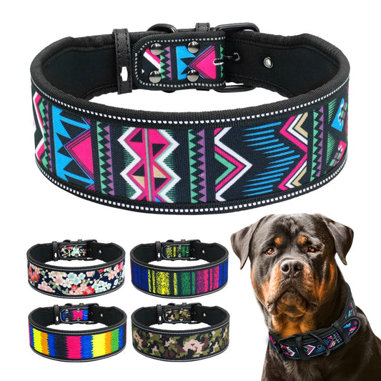 Nylon Dog Collar Reflective Pet Dogs Collars Breathable Padded Striped Pitbull German Shepherd Medium Large Dogs Collar S M L - Super-Petmart