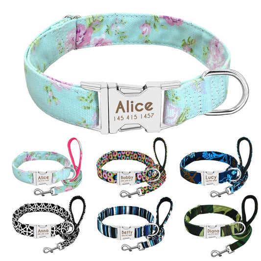 Dog Collar Personalized Nylon Dog Collar and Leash Pet Nameplate ID Collars Printed Puppy Leash For Small Medium Large Dogs Pug - Super-Petmart