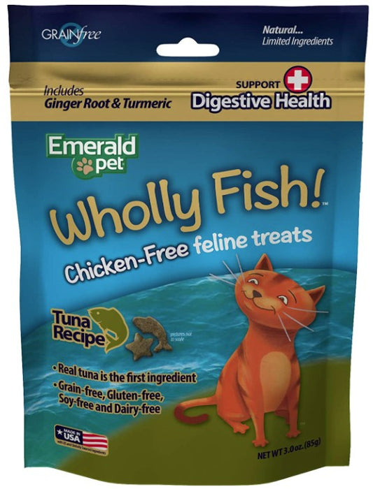 18 oz (6 x 3 oz) Emerald Pet Wholly Fish! Digestive Health Cat Treats Tuna Recipe