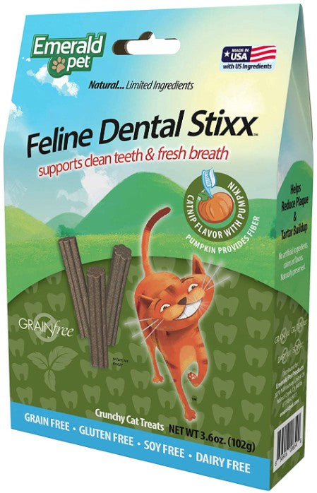 21.6 oz (6 x 3.6 oz) Emerald Pet Feline Dental Stixx Catnip and Pumpkin Recipe