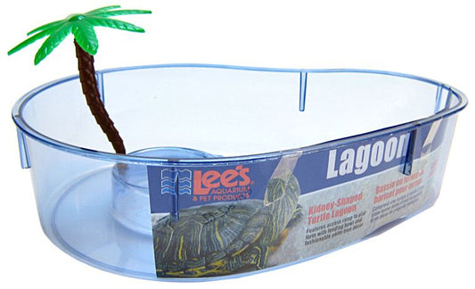 Small - 6 count Lees Kidney Shaped Turtle Lagoon with Access Ramp to Feeding Bowl and Palm Tree Decor