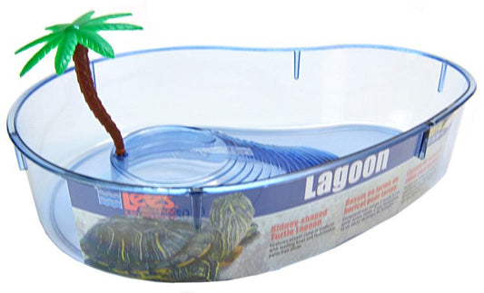 Large - 3 count Lees Kidney Shaped Turtle Lagoon with Access Ramp to Feeding Bowl and Palm Tree Decor