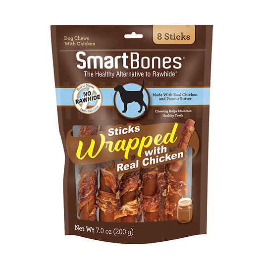 64 count (8 x 8 ct) SmartBones Chicken Wrapped Peanut Butter Sticks Rawhide Free Dog Chew