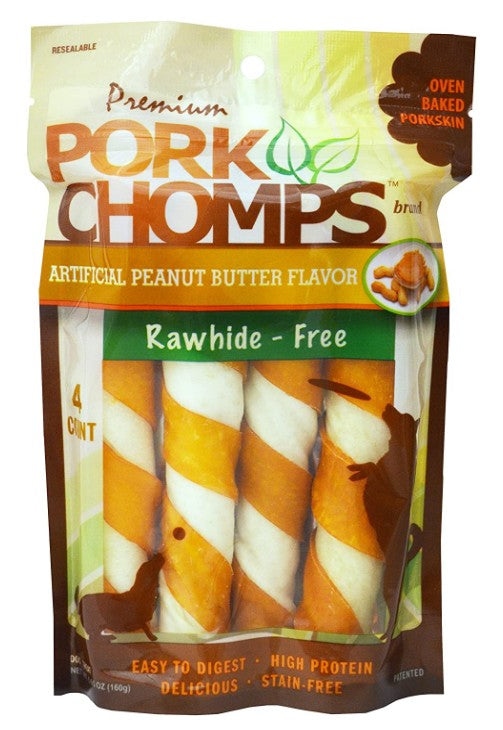 40 count (10 x 4 ct) Pork Chomps Twists Peanut Butter Flavor Large