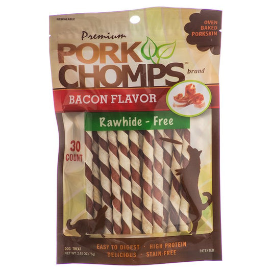 300 count (10 x 30 ct) Pork Chomps Bacon Flavor Porkskin Twists Mini