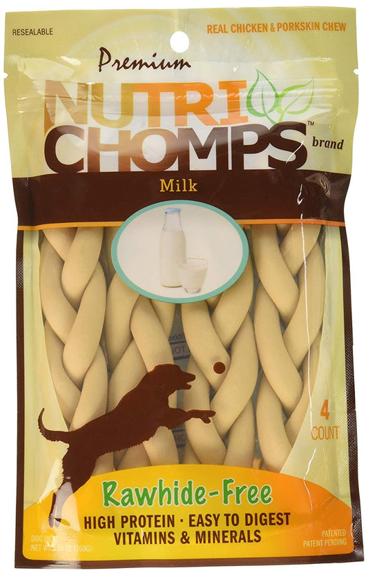 24 count (6 x 4 ct) Pork Chomps Premium Nutri Chomps Milk Flavor Braid Dog Chews Small