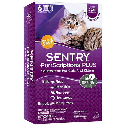 18 count (3 x 6 ct) Sentry PurrScriptions Plus Squeeze-On Flea and Tick Control for Large Cats and Kittens