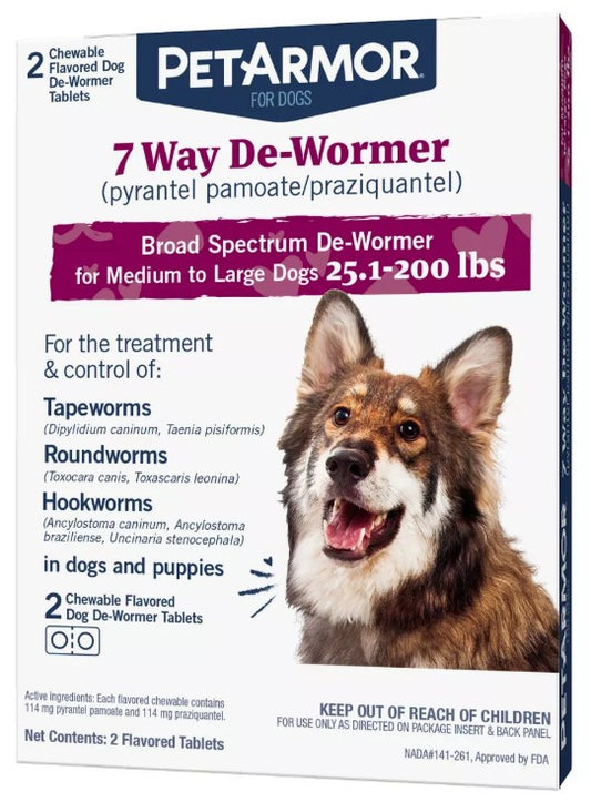 6 count (3 x 2 ct) PetArmor 7 Way De-Wormer for Medium to Large Dogs 25-200 Pounds