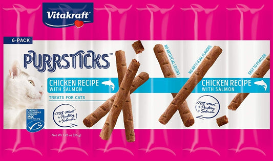 60 count (10 x 6 ct) Vitakraft PurrSticks Chicken and Salmon Treats for Cats