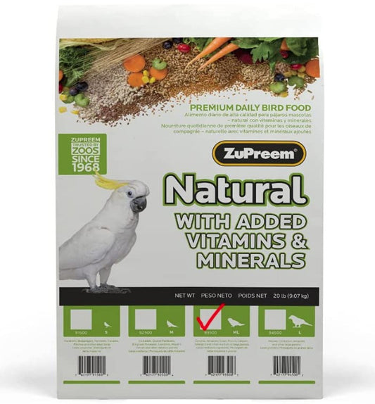 40 lb (2 x 20 lb) ZuPreem Natural with Added Vitamins, Minerals, Amino Acids Bird Food for Parrots and Conures